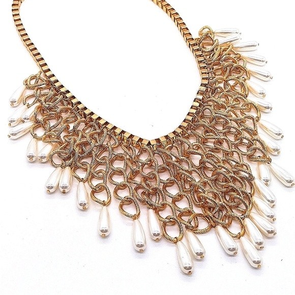 Chico's 20" Pearl Drops Statement Necklace In Gold Tone Franco Chain